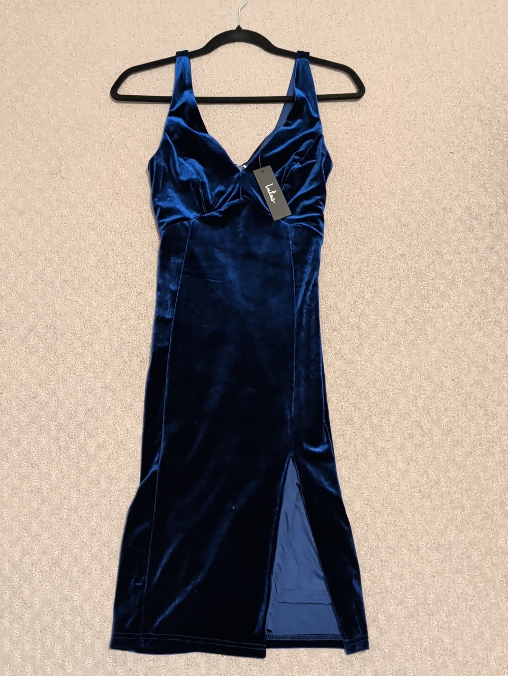 Lulu's Deep Blue Velvet V-Neck Midi Dress